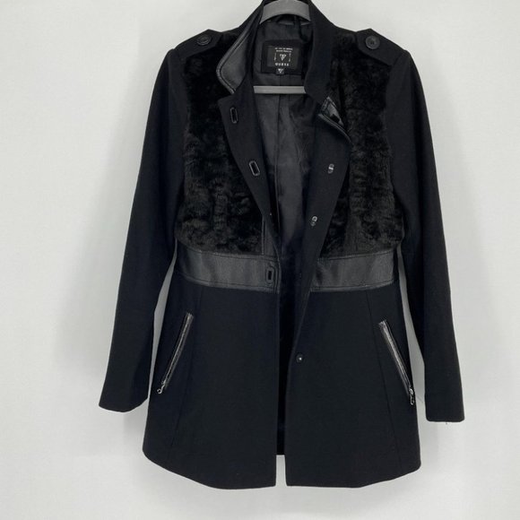 Guess Black Wool blend Faux Fur Latch button close jacket - Picture 9 of 15